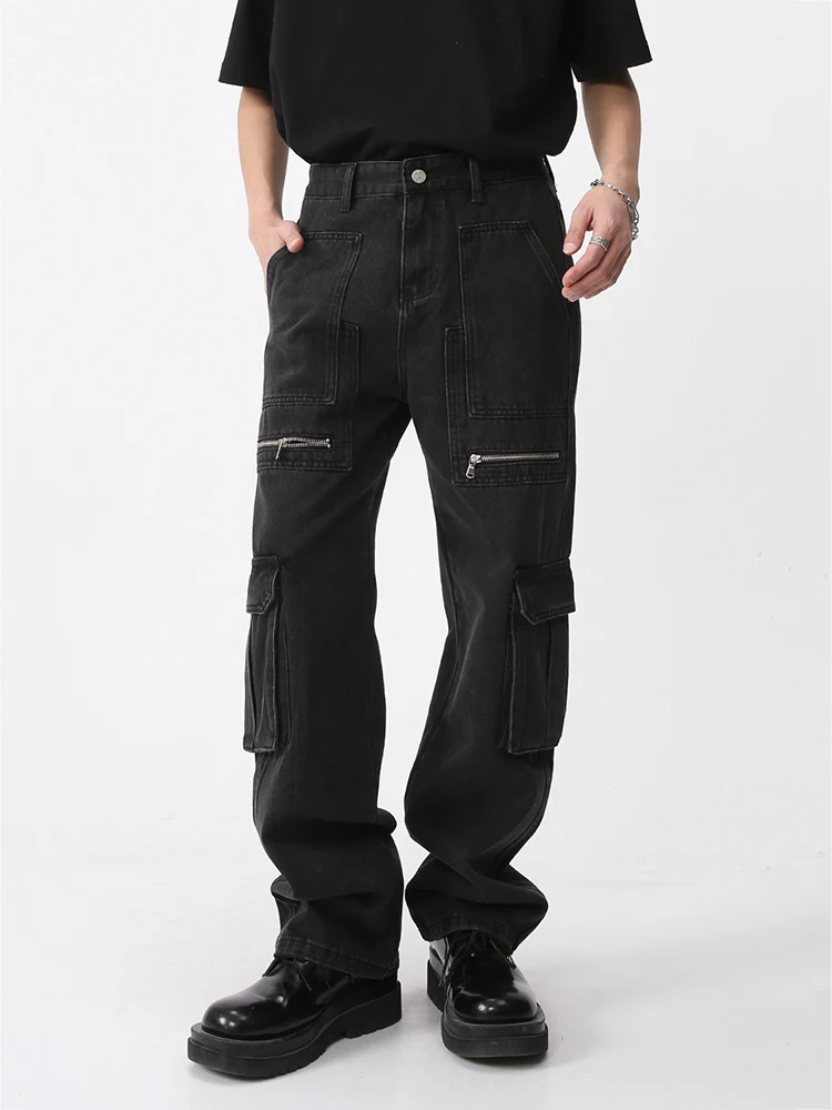 Men's Baggy Worker Jeans Zipper Black Hip Hop Men Cargo Jeans Pants Retro Washed Straight Baggy Cotton Denim Trousers Pantalones