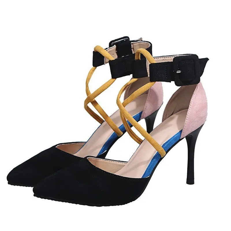 

Women High Mixed Colors Heels Summer New Large Size Stiletto Pointed Toe Low-top One Word Belt Fashion Women's Sandals