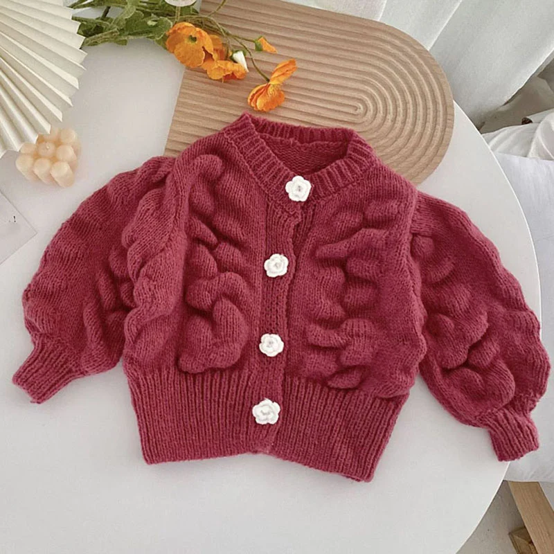 

2022 New Korean Children'S Knitted Sweater Cardigan Girls' Autumn Clothing Flower Fashion Button Baby Kids Winter Jacket