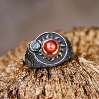 neo gothic style personality inlaid red crystal sun moonstone moon ring fashion neutral metal ring couple party gift jewelry