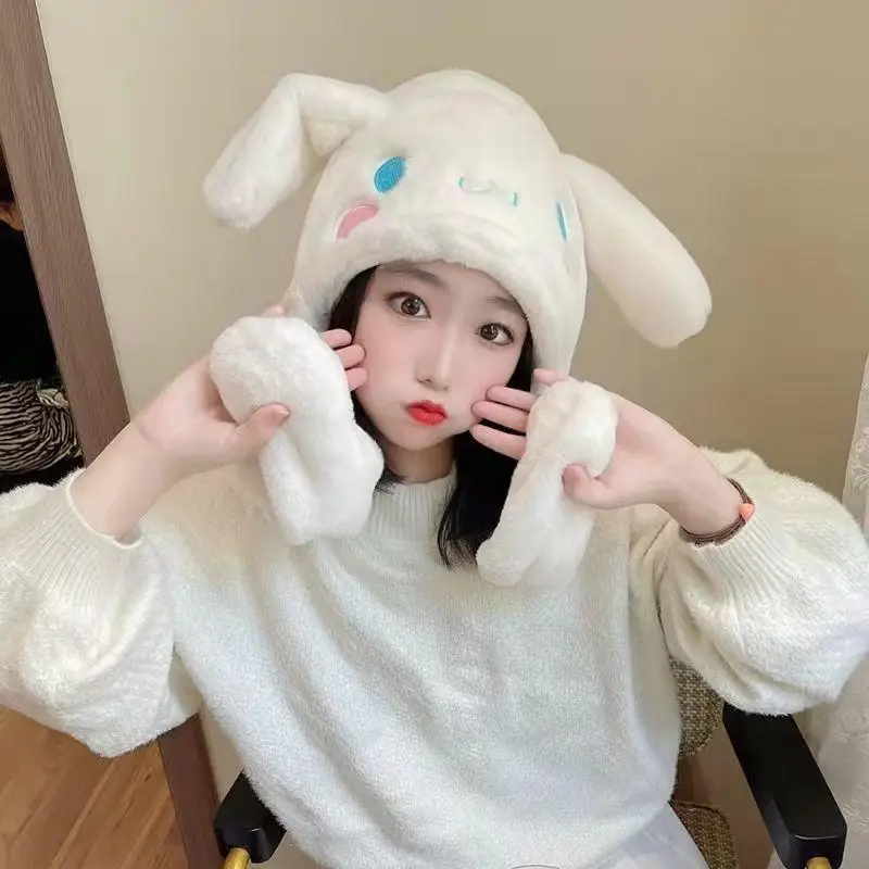 

Hat with Moving Ears Sanrio My Melody Cinnamoroll Cute Cartoon Autumn Winter Warm Plush Hat Scarf Children's Knitted Hat Gifts