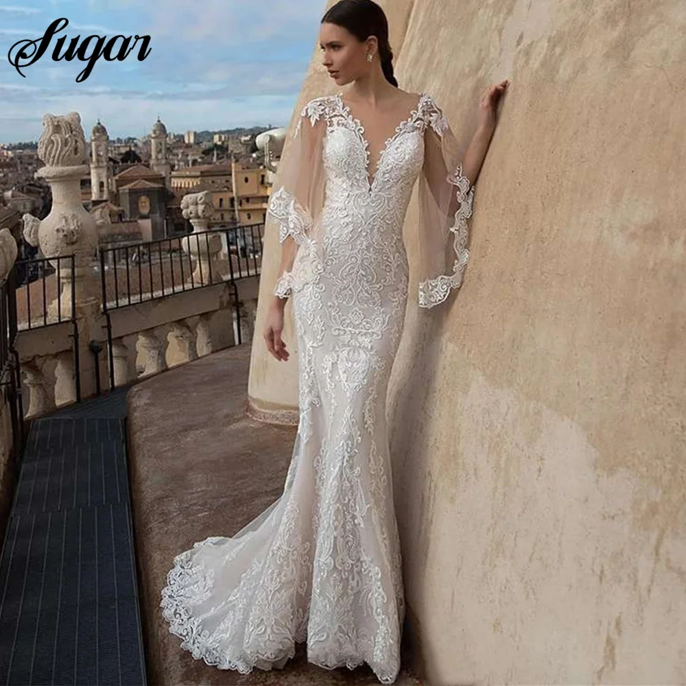 Купи Flare Sleeves V-Neck Wedding Dress For Bride Sexy Lace Appliques Bride Gown Illusion Button Vestidos De Noiva Size Custom Made за 5,820 рублей в магазине AliExpress