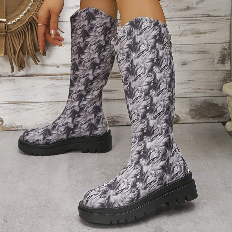 

Fashion Print Thick Bottom Long Boots Women Back Zipper Platform Knee High Boots Woman 2023 Autumn Non-Slip Motorcycle Booties