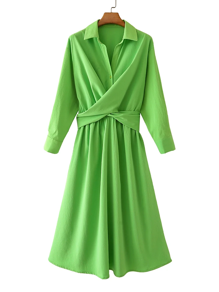 

YENKYE 2022 Fashion Women Cross Sashes Green Dress Vintage Lapel Collar A-line Casual Autumn Dress Female Midi Vestido