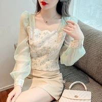 france vintage tulle spliced floral print blouse woman 2022 summer new sweet fashion all match long sleeve square collar shirts
