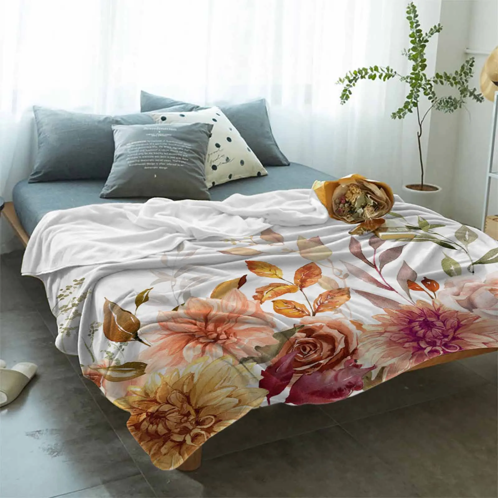 Осеннее одеяло с листьями цветами растениями диваном теплое фланелевое из