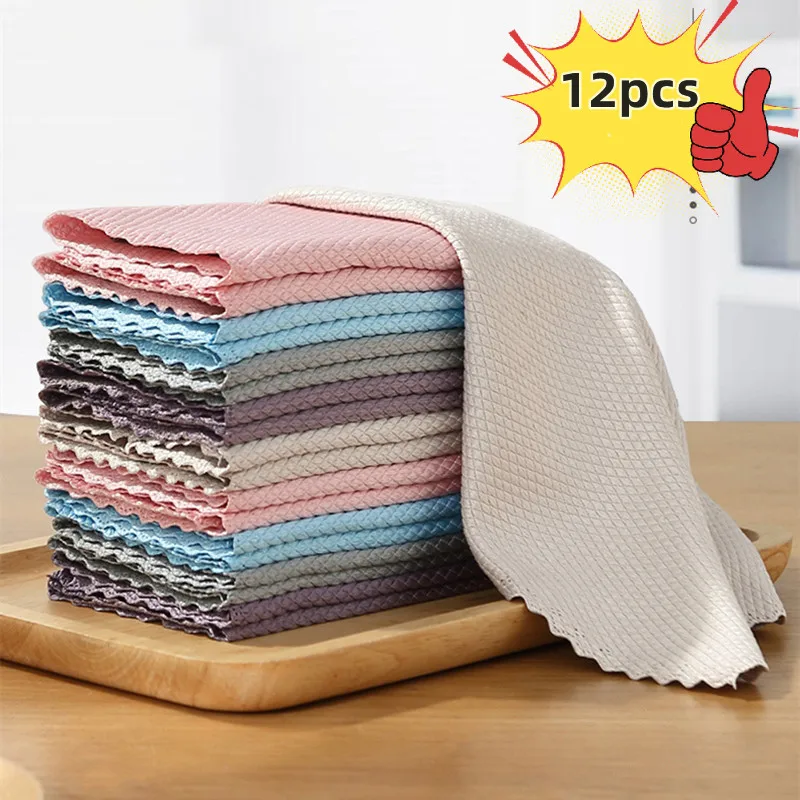 

12 Pcs Microfiber Cleaning Cloth Anti-Grease Fish Scale Wipe Clean Towel Strong Absorbent Efficient Rags for Home Kitchen Car