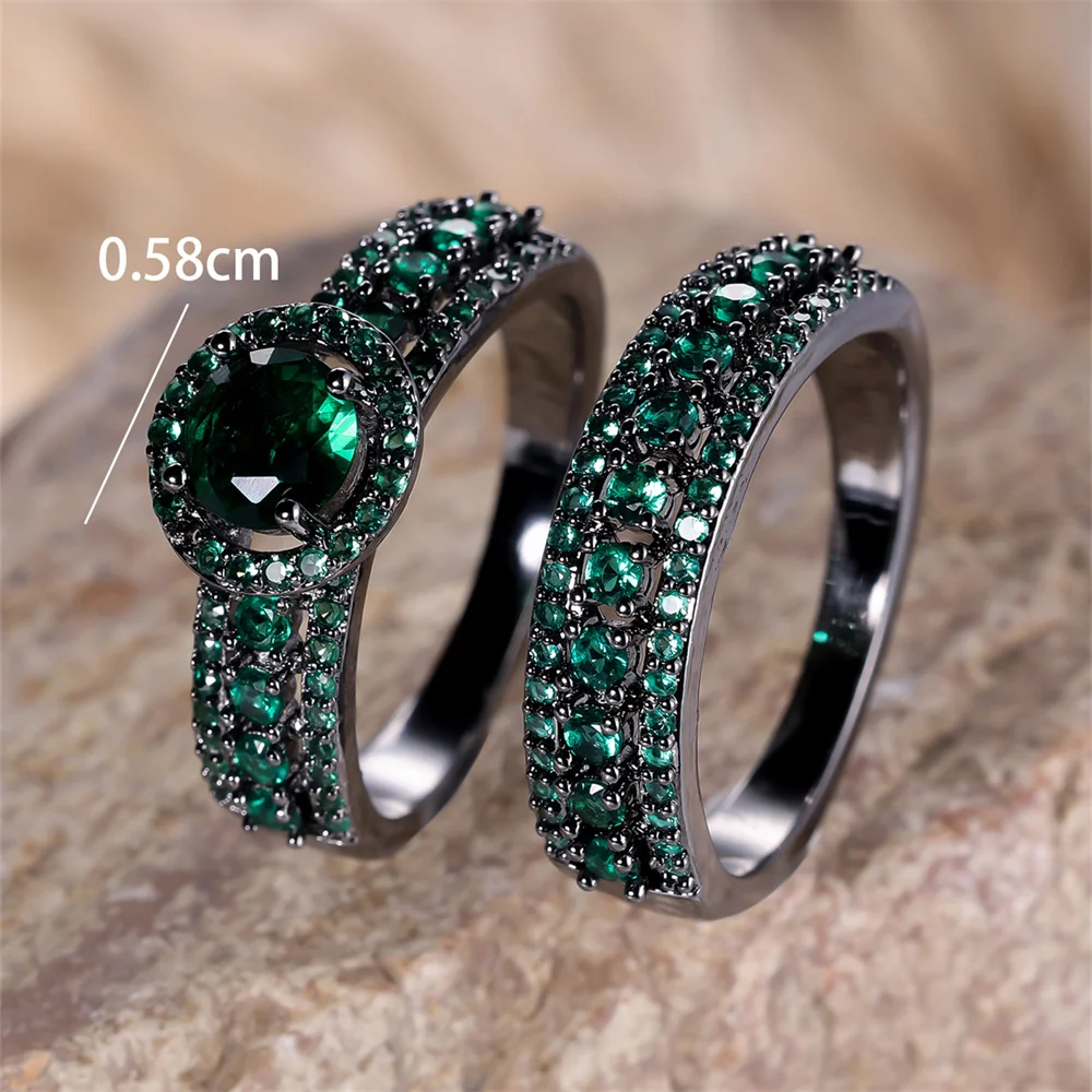 Роскошный Комплект Двойных Колец С Круглым Фианитом И Кристаллами Зеленого