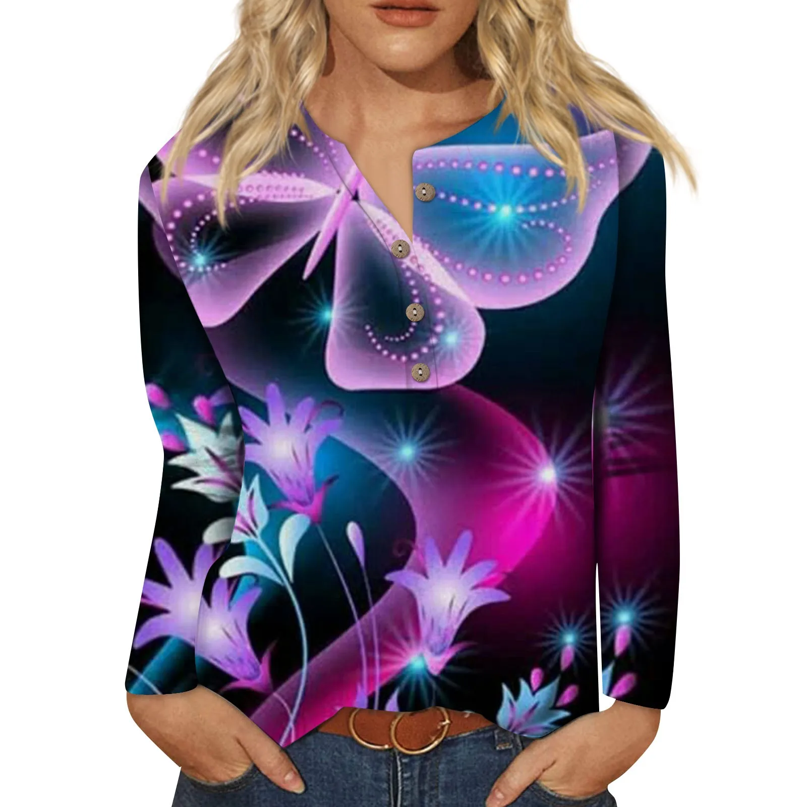 

Clothing Female Fashionable Colorful Floral Flower Printed Round Neck With Button Comfortable Party Blouse Sale Camisetas