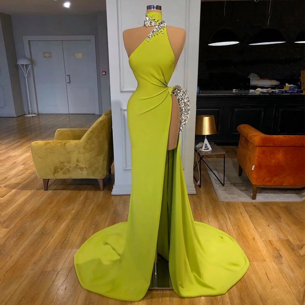 

Evening Dress 2022 High Collar Sleeveless Beading Crystal Luxury Wedding Party Gowns Pleat High Slit Sexy Evening Gown For Women