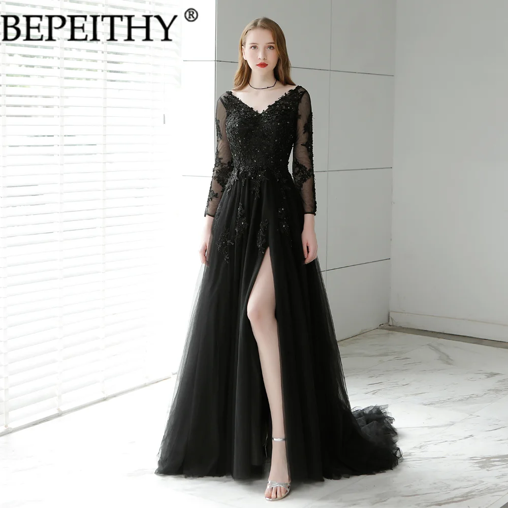 

BEPEITHY New Design Vestido De Festa V Neck Black Appliques Beading Evening Dresses For Women 2022 Court Train Prom Gown