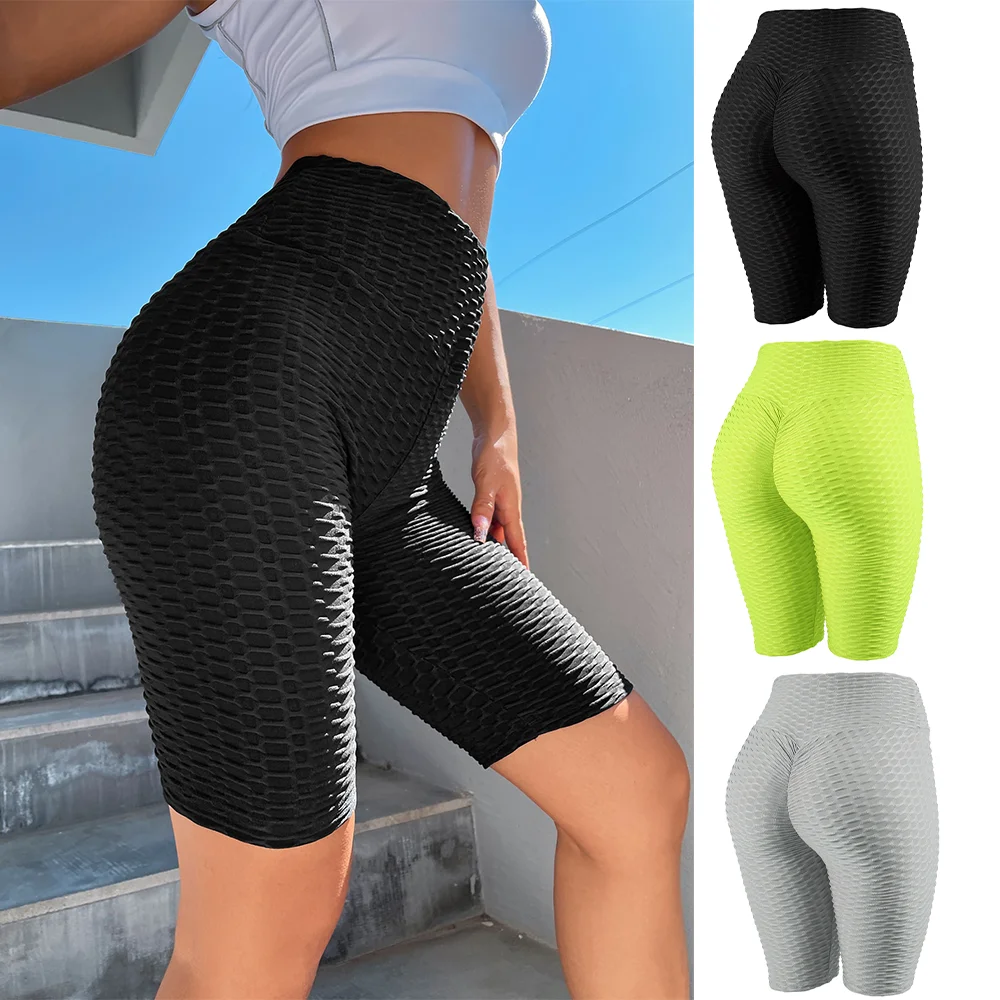 Scrunch Butt Sports Shorts Honeycomb Textured Wide Waistband Biker Anti Cellulite Plain Short Leggings Running Tights