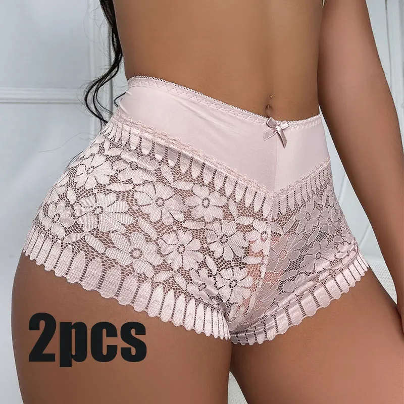 

SVOKOR 2PCS/Set Women's Sexy Hollowed Out Boxer Pants Lace Mid-waist Hip-lifting Abdominal Retraction Breathable Panties