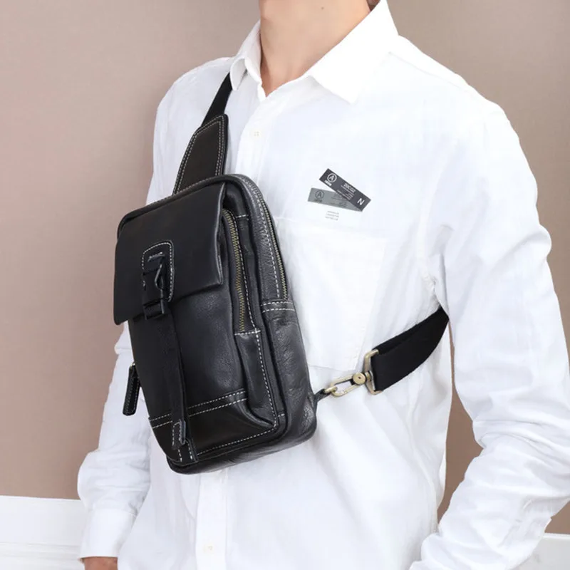 Genuine Leather Men's Chest Bag Business Black Male Shoulder Bag High Quality Crossbody Bags For Men Casual Sling Messenger Bag