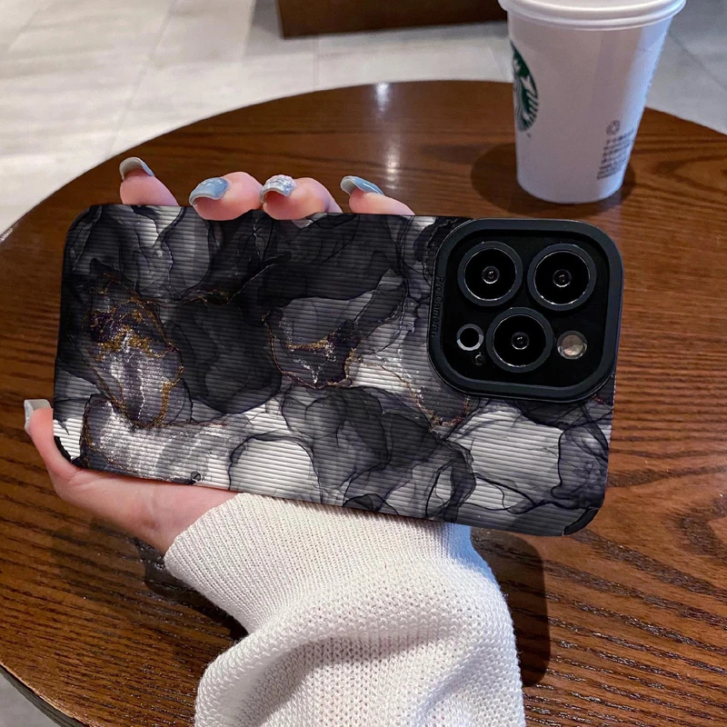 Spilling Ink Arts Marbled Pattern Phone Case For iPhone 11 12 13 14 Pro Max 14plus X XR XS Max 7 8 Plus Black White Shell Cover