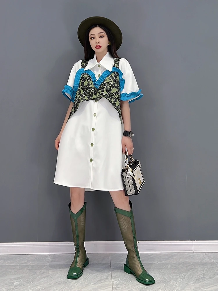 

SuperAen 2022 Summer New Fashion Casual Sling Spliced Loose Turn Down Collar Shirt Fake Two Women's Tops
