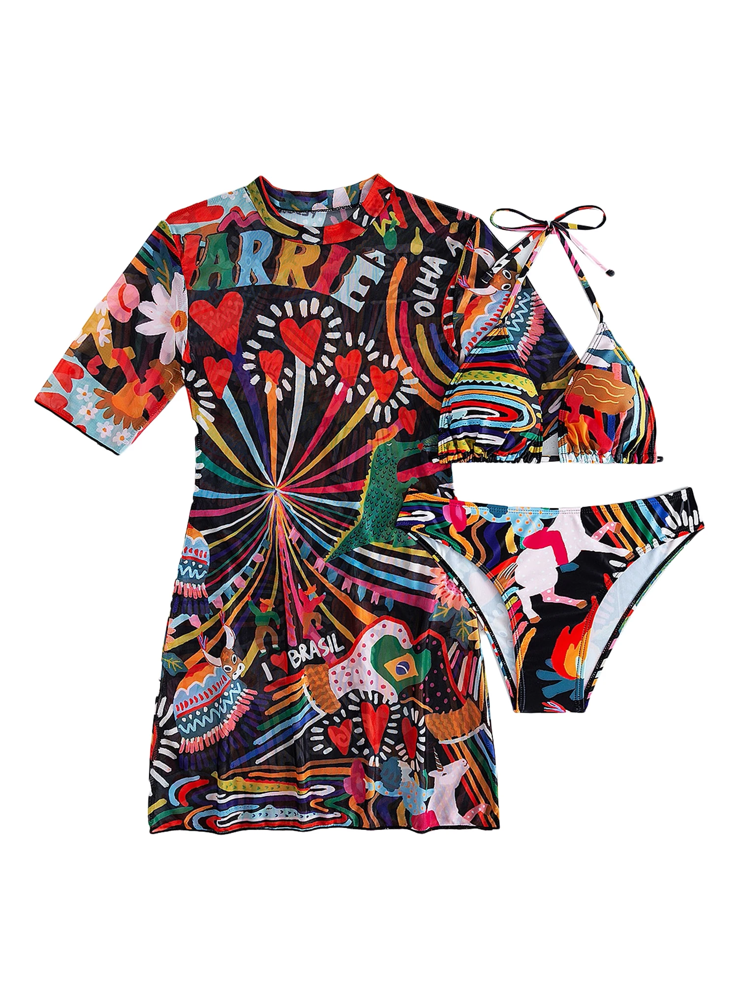 

Women Bikini Three-Piece, Dress + Halterneck Bra + Briefs, Color Matching Print Skinny Summer Clothing