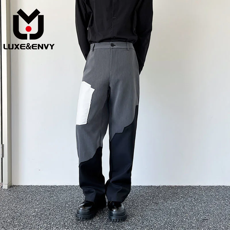 

LUXE&ENVY Casual Men's Suit Pants Fashion Contrast Color Stitching Male Niche Design Loose Straight Trouser Trendy Style