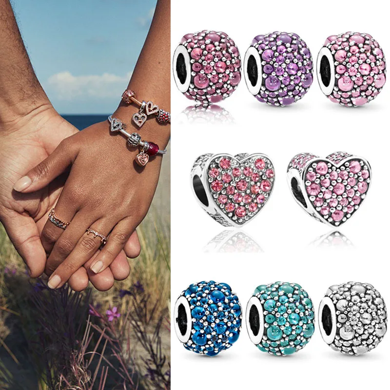 

Original 925 Sterling Silver Bead New Dazzling Heart With Crystal Beads Fit pan Women Bracelet & Necklace Diy Jewelry