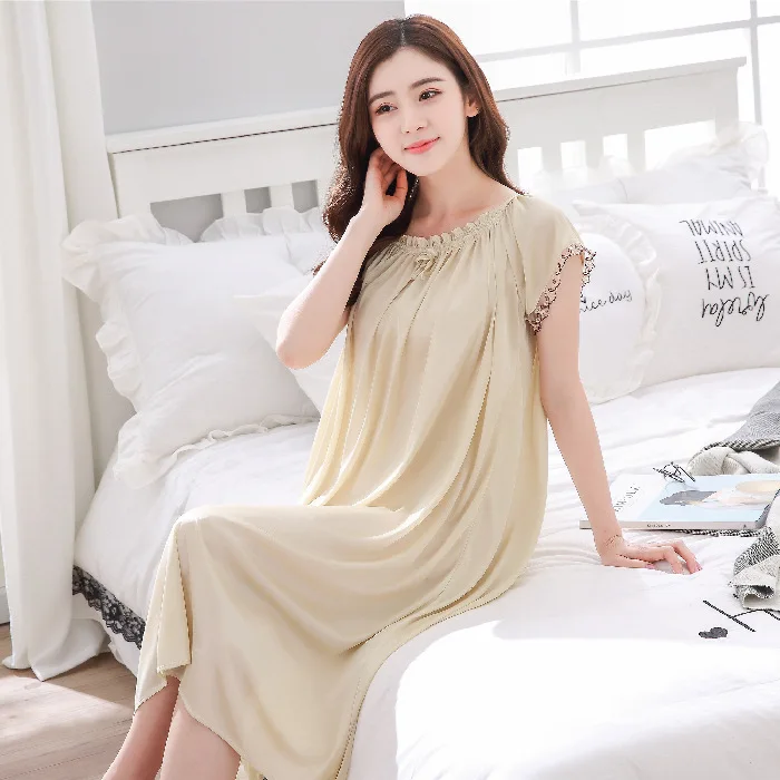 Ladies Short-sleeved Nightgown Women's Summer Loose Ice Silk Nightdress Female's Soft Thin Section Pajamas Home Clothes