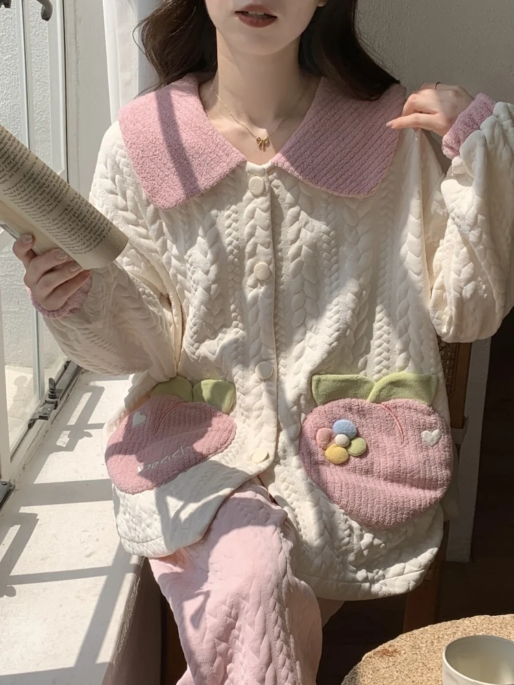 Пижамы женские осенние и зимние утолщенные сэндвич-воздушные хлопковые