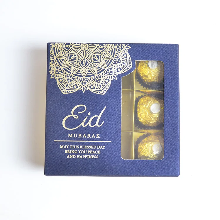 

Новый дизайн исламский ИД Мубарак роскошный темно-синий Гравированный золотой шоколад подарочная коробка с прозрачным окном