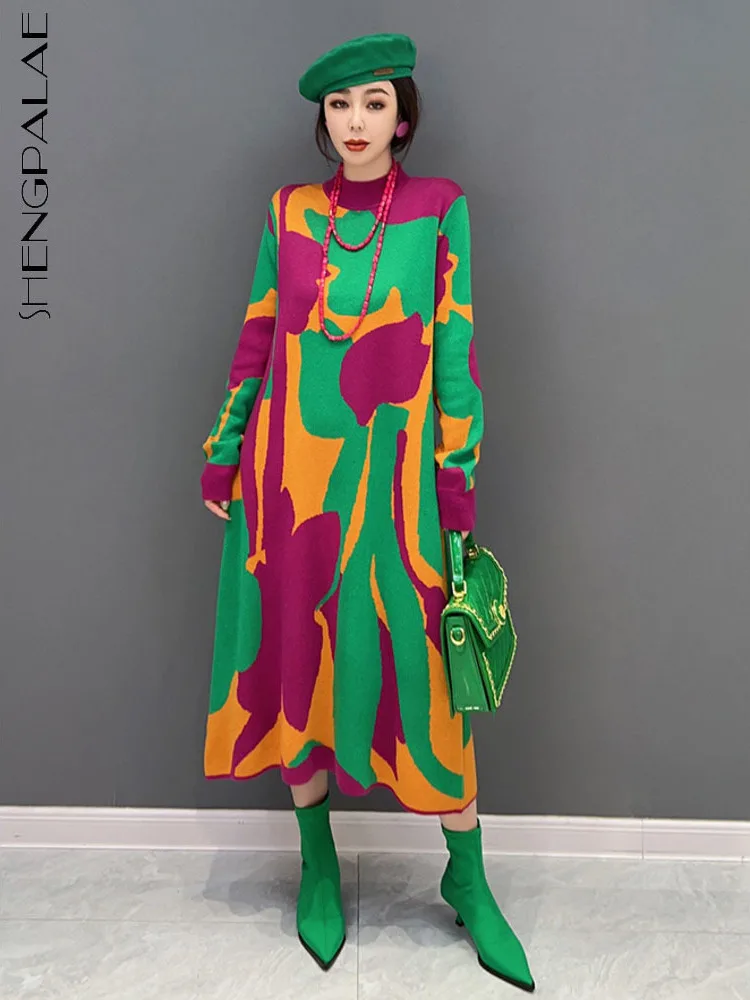 

SHENGPALAE Водолазка пуловер платье свободного покроя средней длины декор Печать Досуг вязаное платье для женщин 2023 весна корейский 5R600