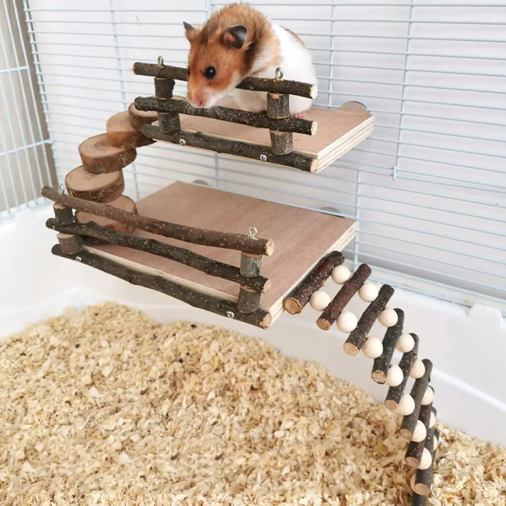 

NEW 2-layers Wooden Climbing Ladder With Platform Chewing Toys For Hamster Bear Squirrels Hedgehogs Parrots