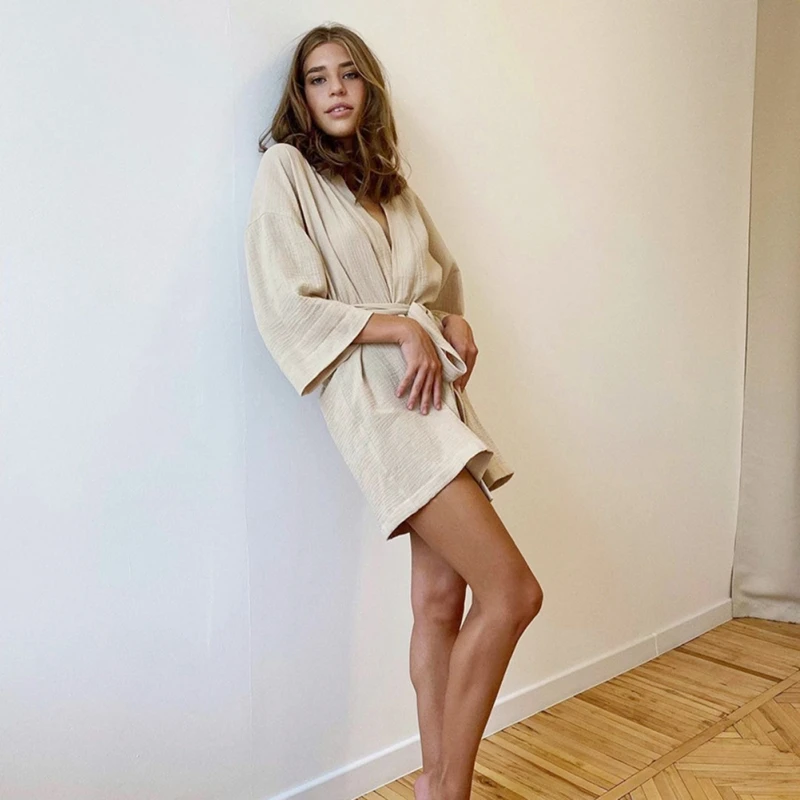 Cotton Robe Lace Up Sleepwear  Mini Bathrobes Muslin Women'S Home Clothes Solid Color Robes Women Nightie Women's Nightwear