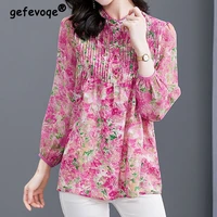 vintage shirring button floral printing chiffon shirt autumn 2022 new stand collar long lantern sleeve pullovers ladies clothing