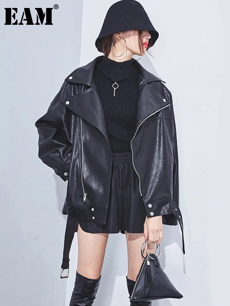 

[EAM] Loose Fit Black Pu Leather Big Size Jacket New Lapel Long Sleeve Women Coat Fashion Tide Spring Autumn 2023 1DE8826