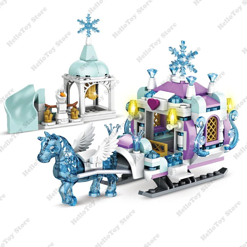 2023 Disney Frozen Princess Carriage Horse Skiing Car Building Blocks Kit Bricks Cartoon Dolls Movie Model Kids Girls Toys Gift