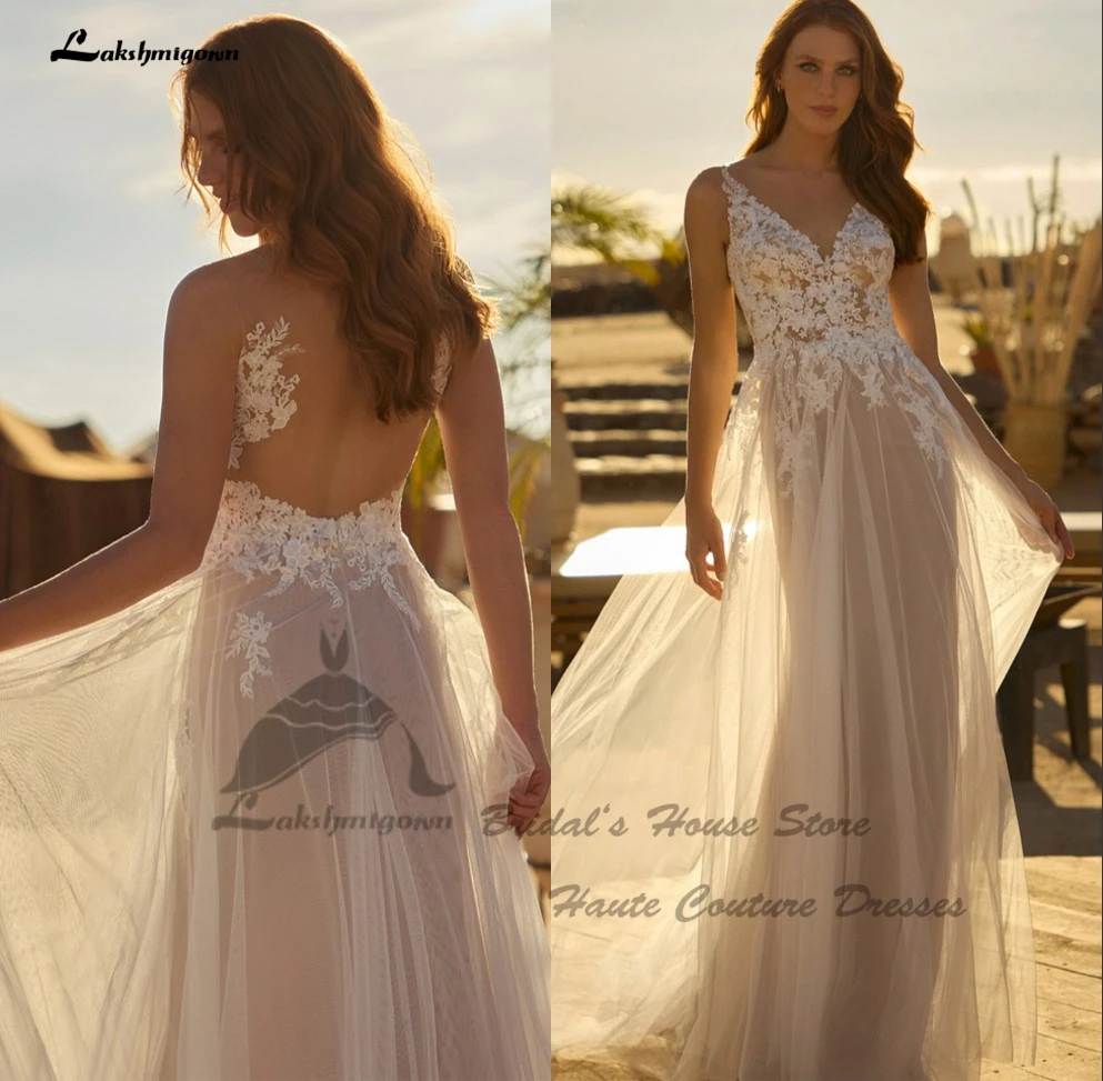 

Lakshmigown Simple Champagne Beach Wedding Dress Backless Robe Mariage Femme 2023 Boho Bridal Gowns V Neck Lace Appliques