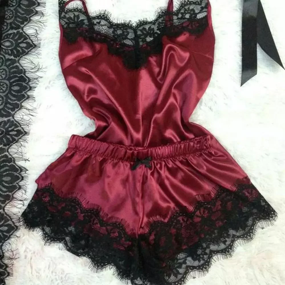 

Женская сексуальная пижама размера плюс, женская шелковая атласная кружевная Пижама без рукавов, женское нижнее белье, ночная рубашка, горя...