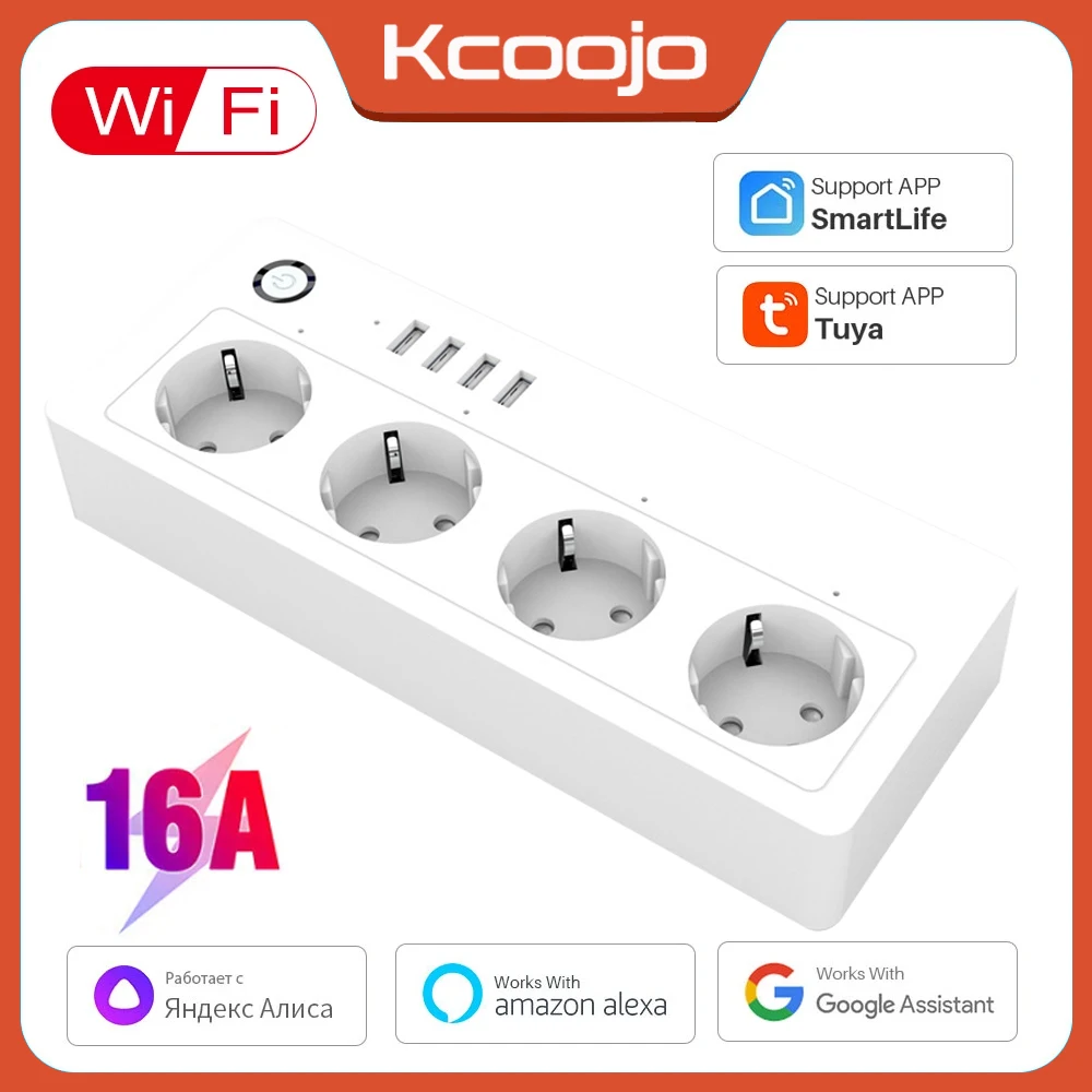 

Умный сетевой фильтр с поддержкой Wi-Fi, защита для ЕС/США/Великобритании, с 4-сторонней розеткой переменного тока, 4 USB-порта, домашний переключ...