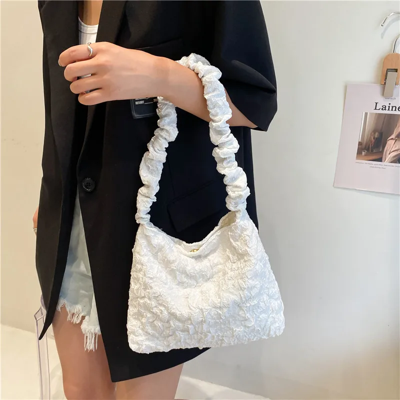 

Women Fashion Pleated Shoulder Bag Solid Color Shopping Underarm Bags Casual Young Ladies Large Capacity Tote Zipper Handbag Hot