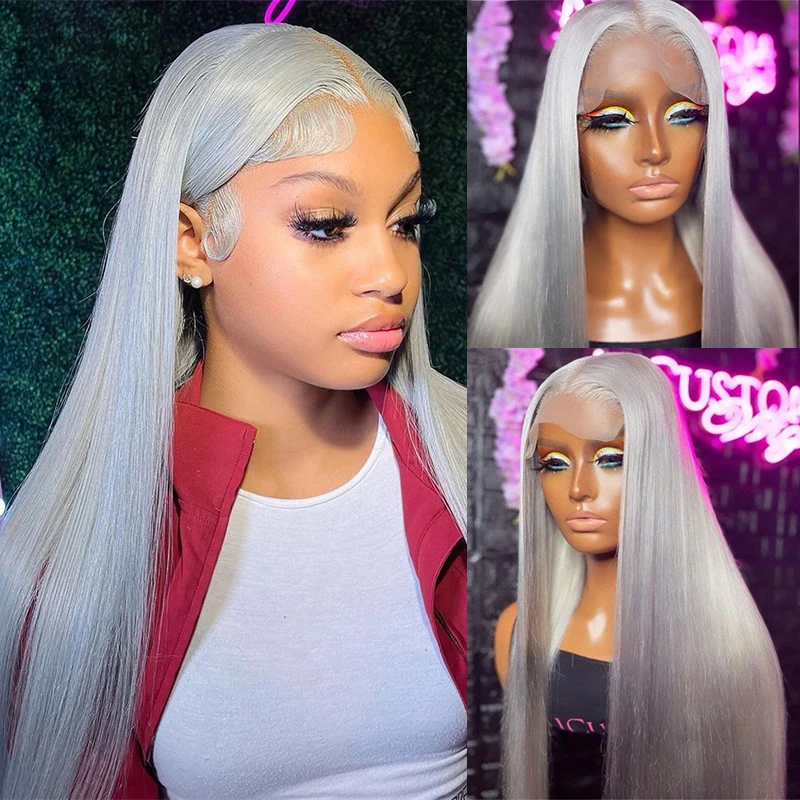 Grey Straight Mixed Blend Human Hair Wig Pre Plucked With Baby Hair Transparent Lace 13x4 Lace Front Wig For Women