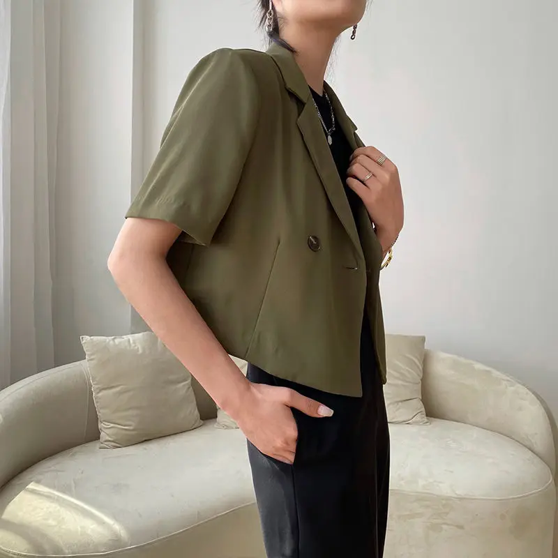 F GIRLS Blazers Women Casual Crop  Summer All-match Korean Style Temperament Short Sleeve Office Lady Streetwear Double Breasted