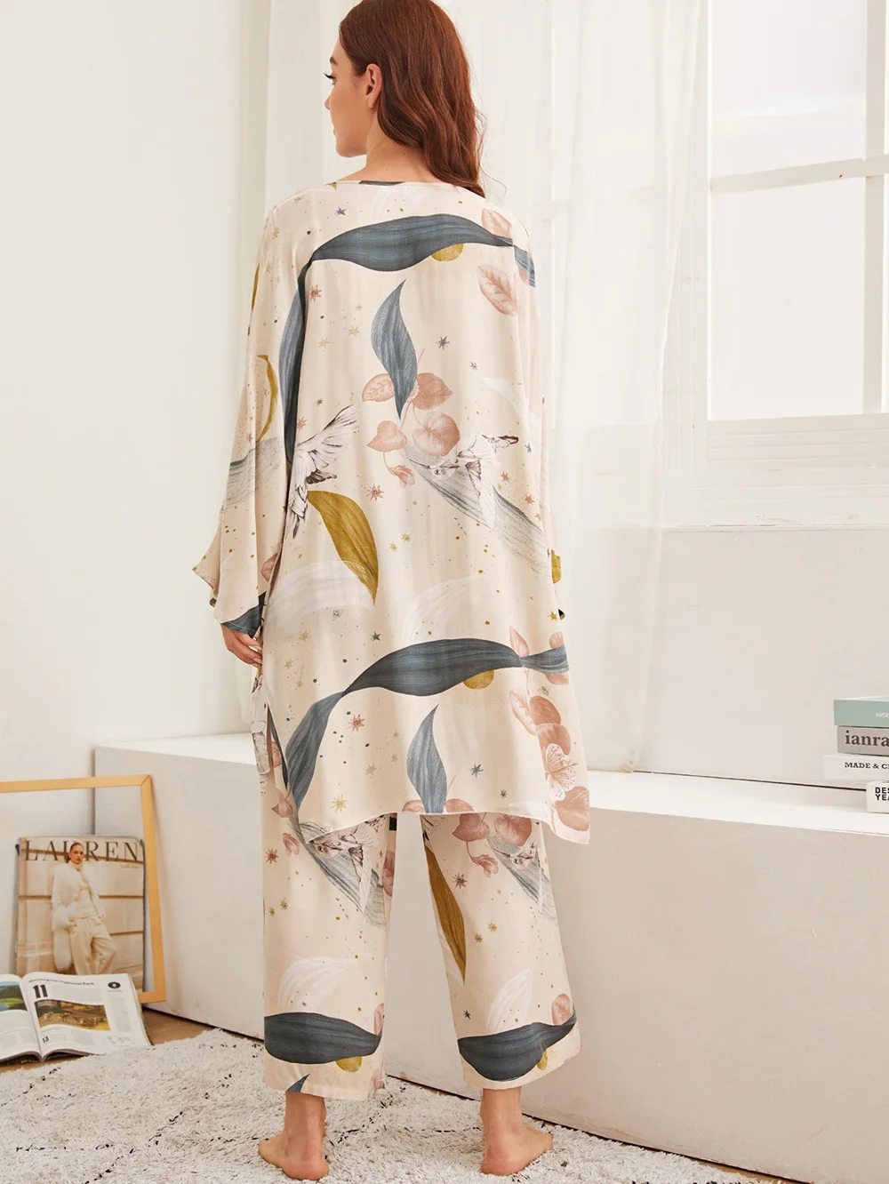 Women's Summer Spring 3 pcs Sleepwear Leaf Print Cami and Pants Pajama Set with Robe Leisure Loose Homewear Jumpsuit Nightwear