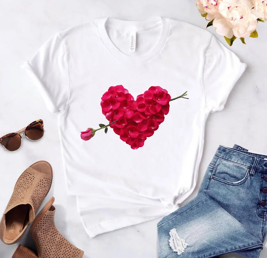 

Ladies Casual Basis O-Collar White Shirt Short Sleeve Heart Flower Print Ladies T-Shirt Love Graphic Printing Ladies T-Shirt