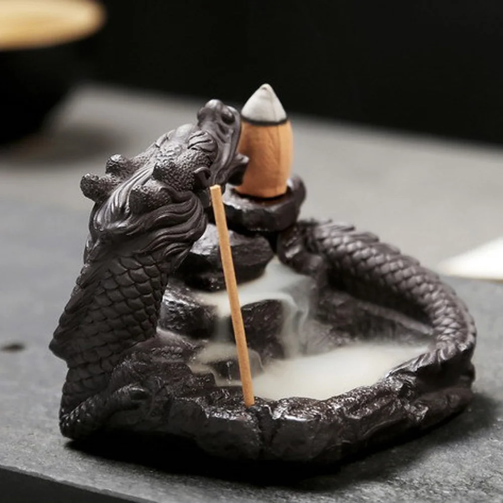 Храмная курильница чистый воздух освежающая керамическая с водопадом и драконом