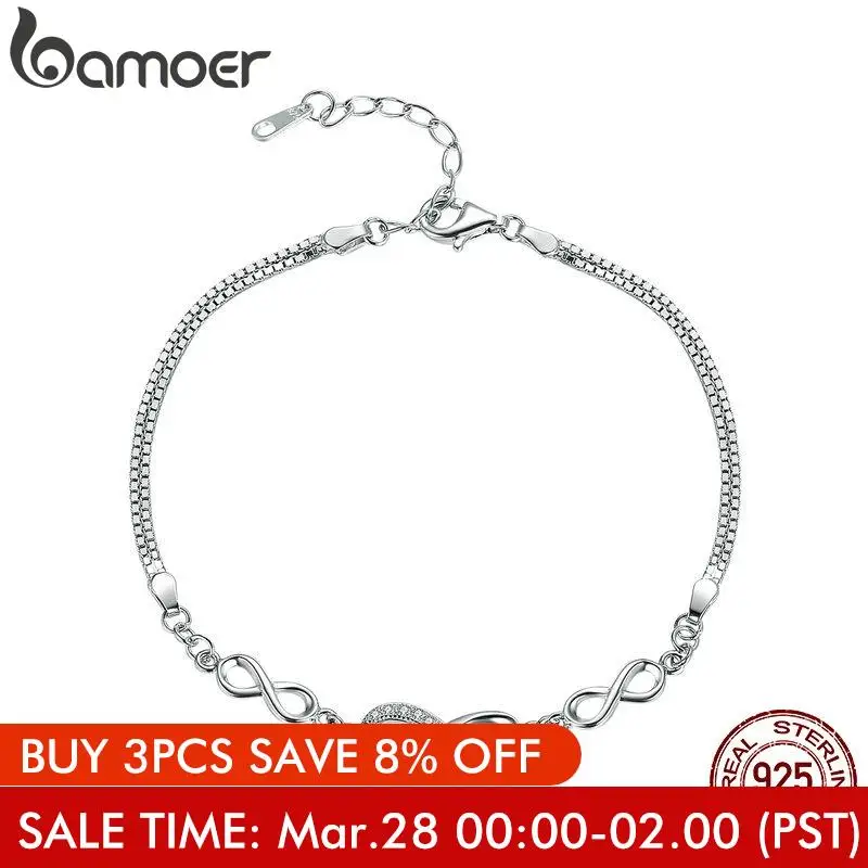 

BAMOER Authentic 925 Sterling Silver Endless Love Infinity Chain Link Adjustable Women Bracelet Luxury Silver Jewelry SCB037