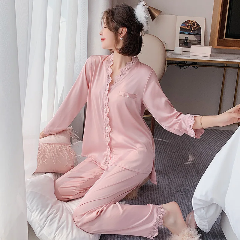 Women's Pajamas Summer Silk Ice Thin Sexy Ins Princess Style Long Sleeve Two-Piece Set Artificial Silk Homewear