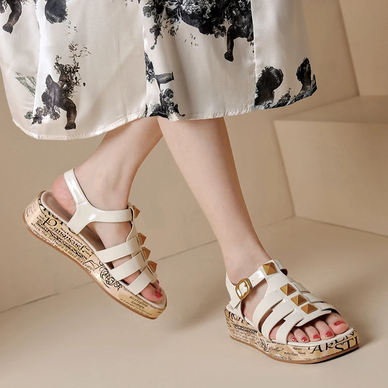 

chic design concise gladiator cutout sandals open toe shoes women punk rivets t-buckle strap platform wedges heels casual shoes