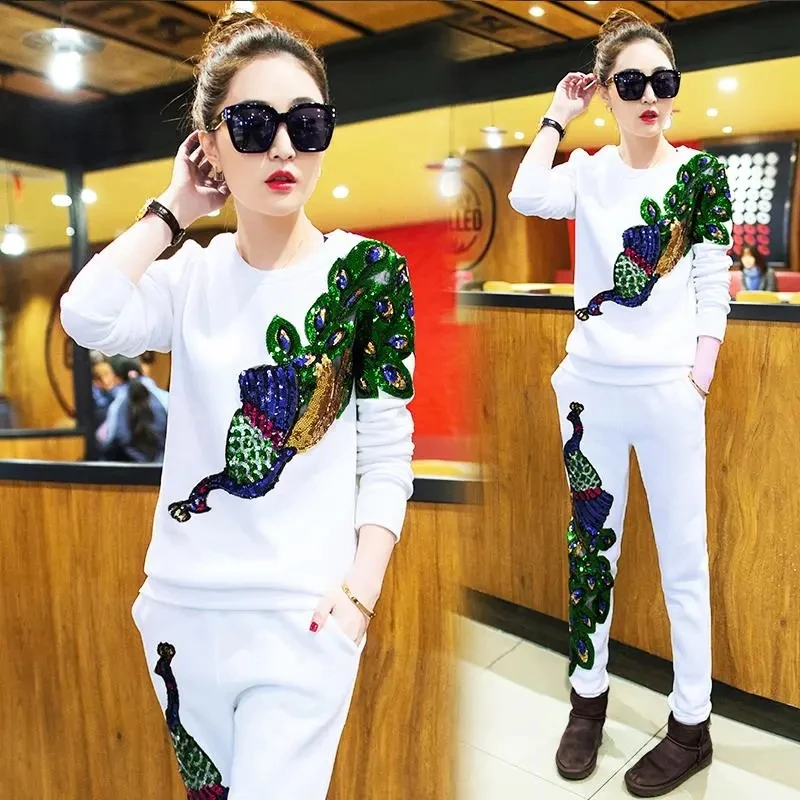 

2022 New Spring Autumn Cotton Sets Women's Y2K Sportswear Plus size Casual Sports Two Piece Sets Suit Female Sequins Tracksuits