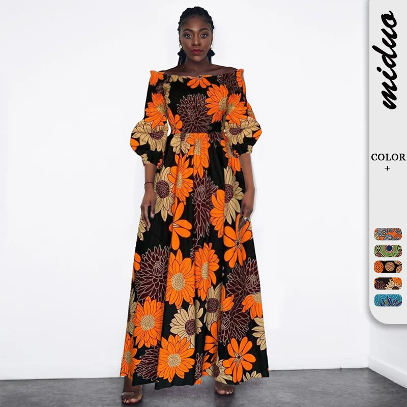 

Женское платье с длинными рукавами, элегантное платье-трапеция до щиколотки с цветочным принтом, завышенной талией и открытыми плечами, весна-лето