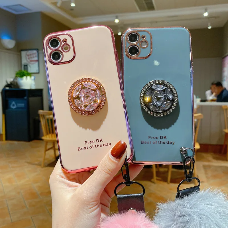 

The Silicone Soft Case For IPhone 13Promax 12Mini 11 ProMAX XS XR 7Plus 8Plus Crystal Ring Phone Case with Wool ball wristband