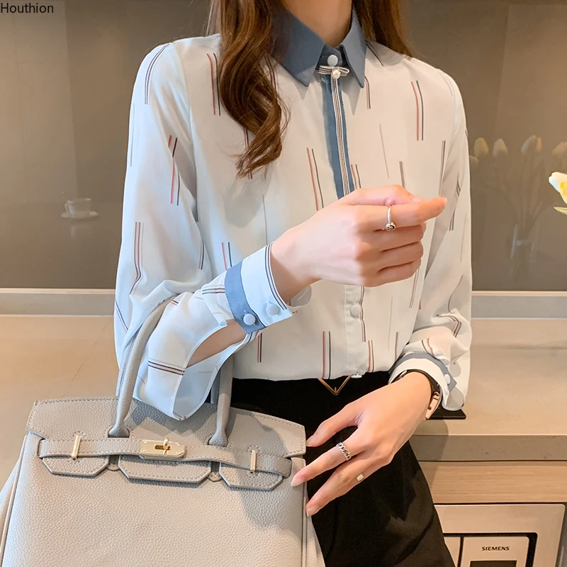 

Женская шифоновая рубашка-поло с длинным рукавом и принтом