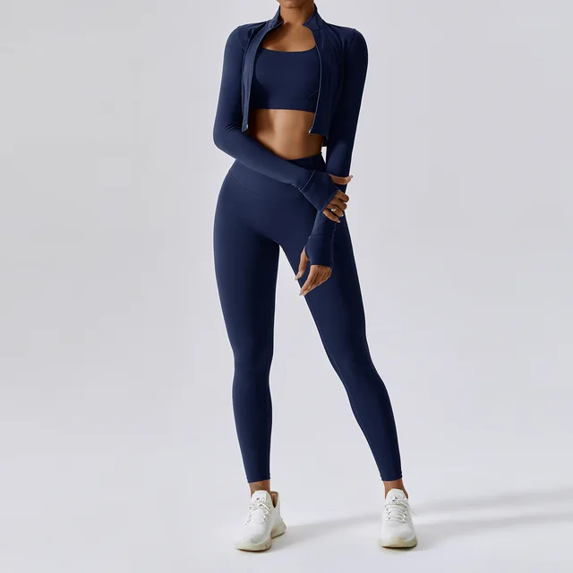 3 Pieces Women Tracksuit Yoga Set Workout Sportswear Gym Clothing Fitness Long Sleeve Crop Top High Waist Leggings Sports Suits 5