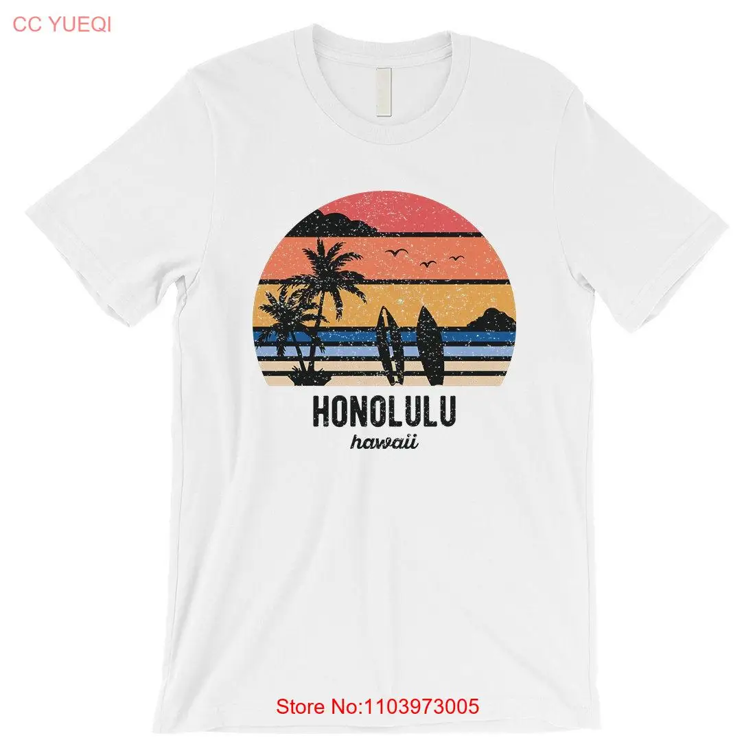 Honolulu Hawaii HI Beach Skyline Винтажная футболка с потертым принтом Серфинг Летние каникулы